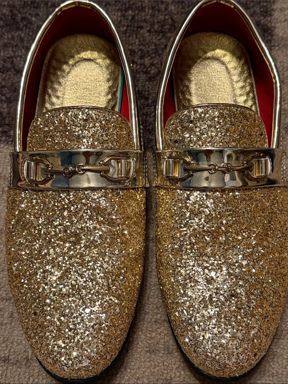 Men's Gold Glitter Slip-On Loafers with Metallic Bit